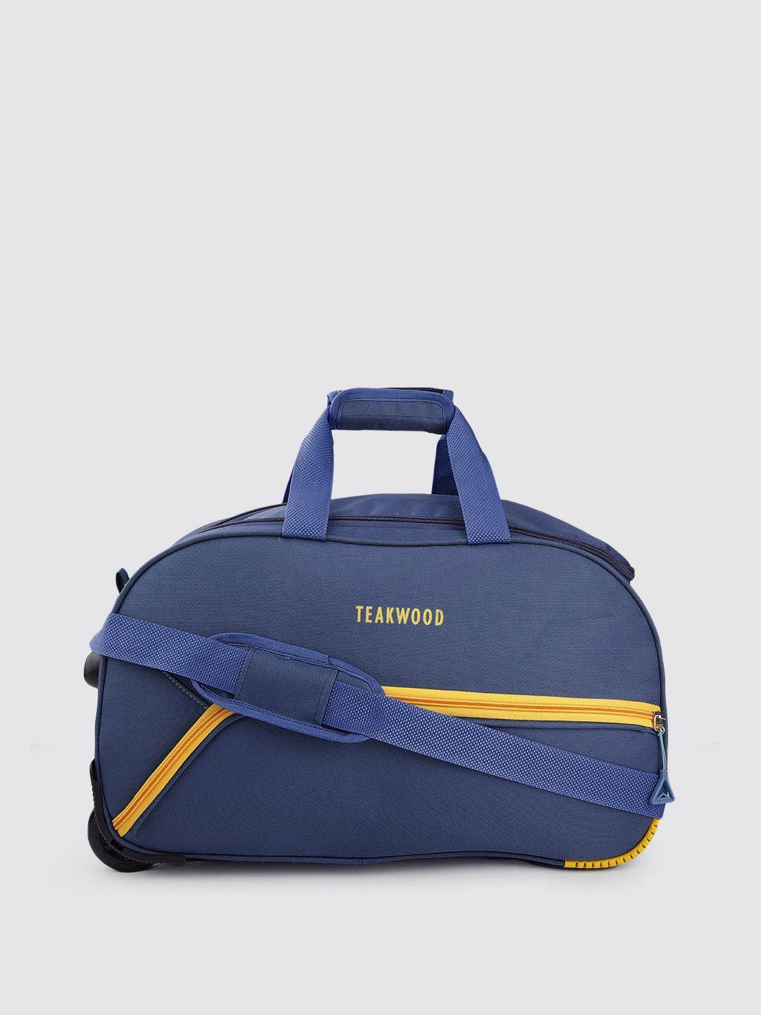 teakwood leathers navy blue & yellow brand logo print medium duffel trolley bag 60.8 l