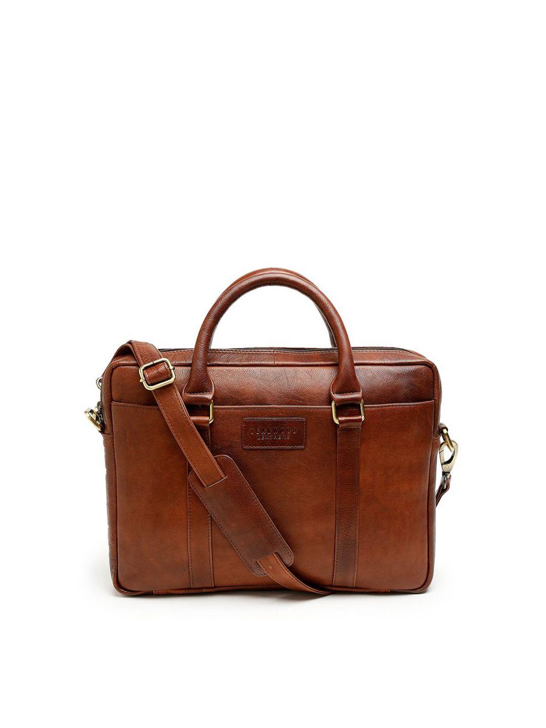 teakwood leathers unisex brown textured leather laptop bag with detachable strap