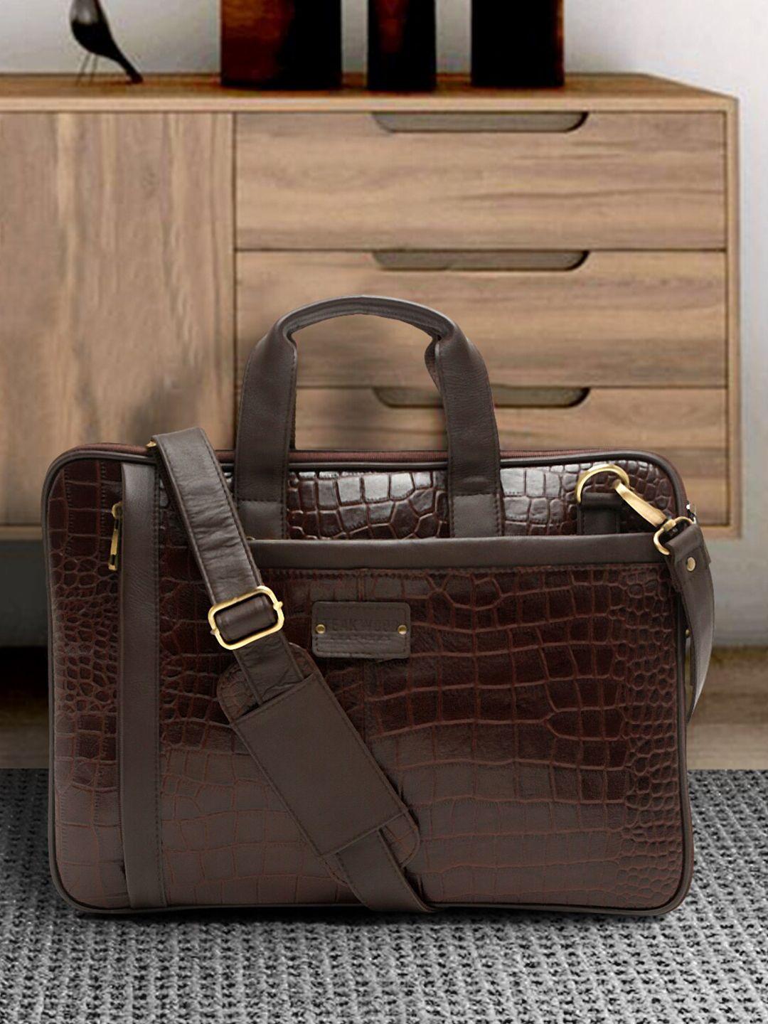 teakwood leathers unisex brown textured leather laptop bag