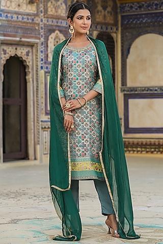 teal banarasi silk jacquard floral printed & sequins embellished kurta set
