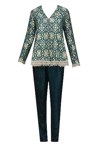teal blue brocade embellished pashtun with velvet pants