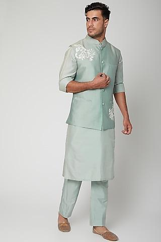 teal blue embroidered bundi jacket with kurta set