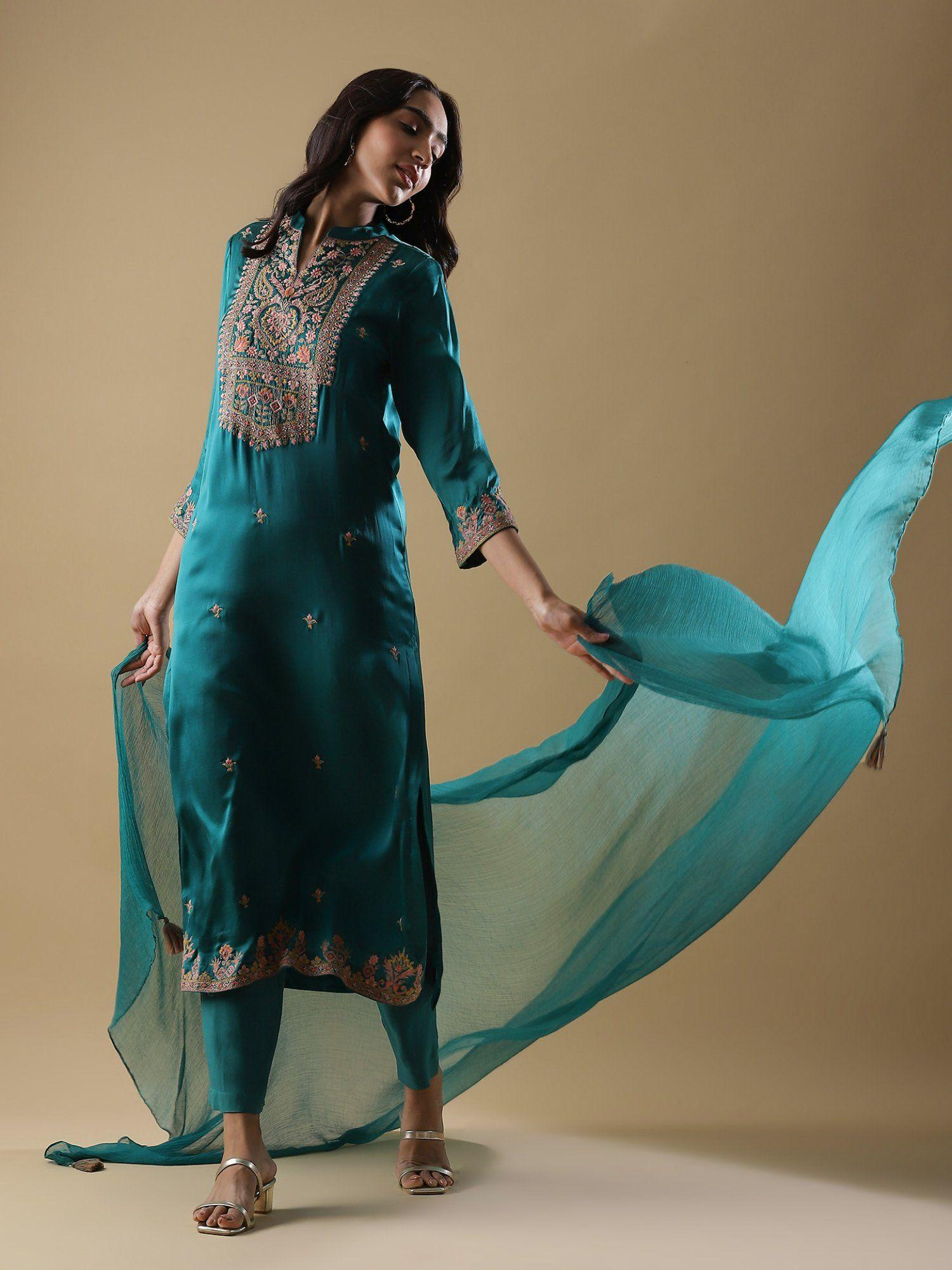 teal blue embroidered kurta with pant and dupatta (set of 3)