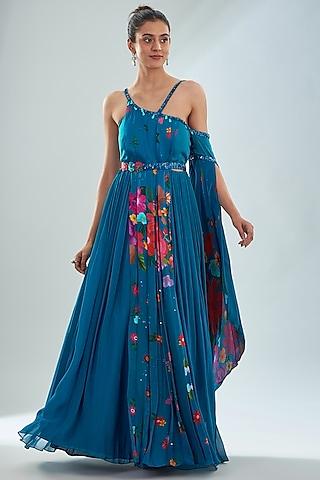 teal blue georgette & crepe floral printed pleated off-shoulder gown