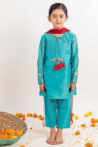 teal-blue-hand-embroidered-kurta-set-for-girls