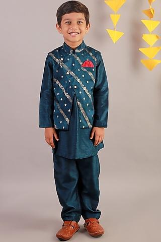 teal blue jamawar kurta set with printed bundi jacket for boys