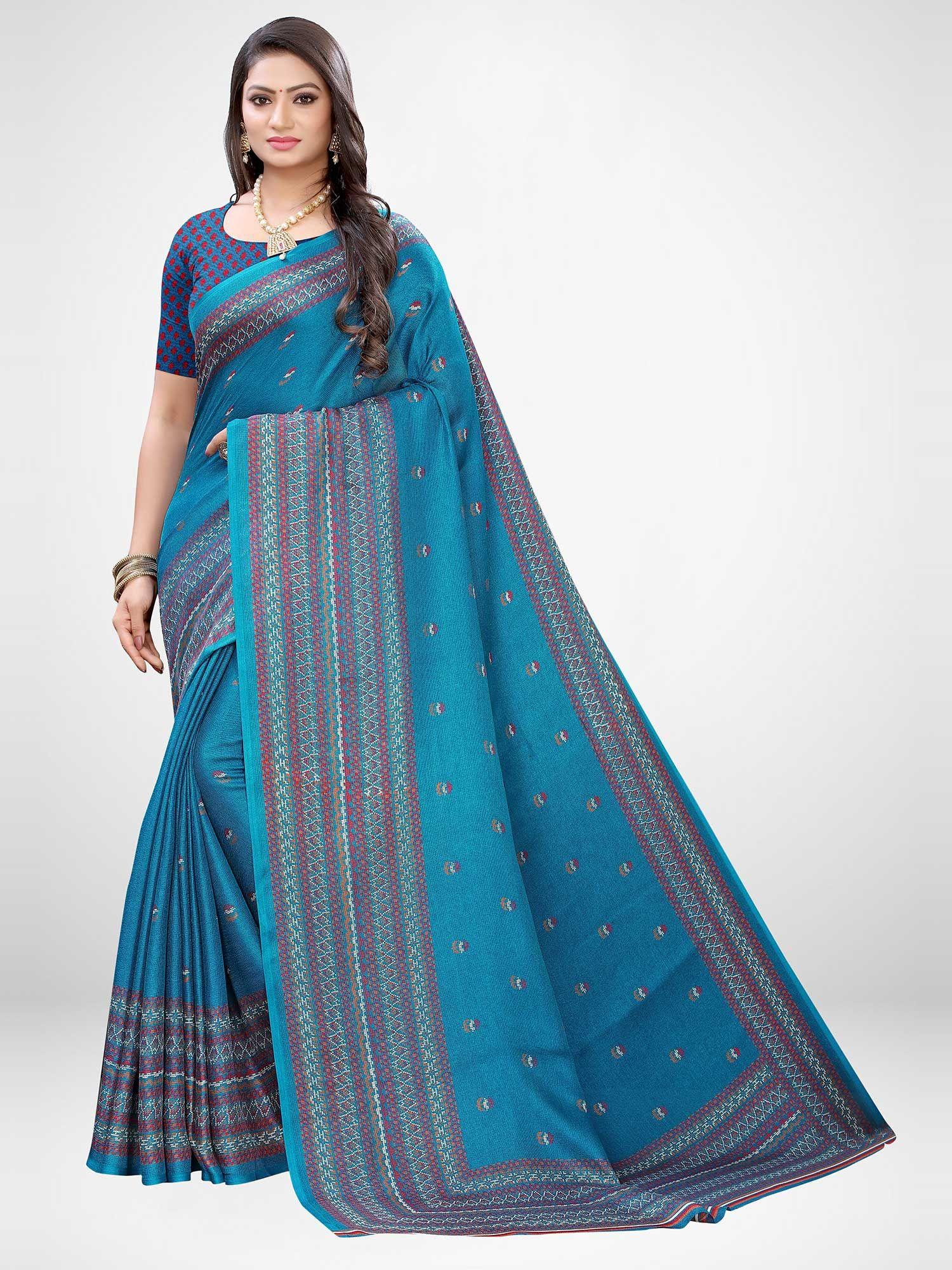 teal blue juth silk saree with unstitched blouse