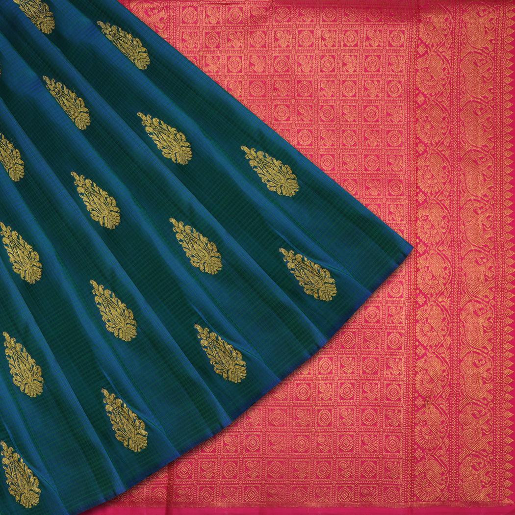 teal blue kanjivaram silk saree with floral motifs