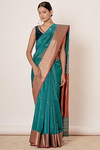 teal blue maheshwari silk handwoven saree set