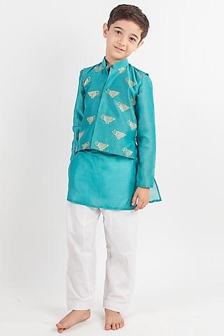 teal blue muslin kurta set with bundi jacket for boys