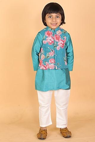 teal blue printed nehru jacket with kurta set for boys