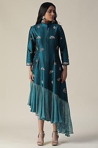teal-blue-raw-silk-embroidered-tunic