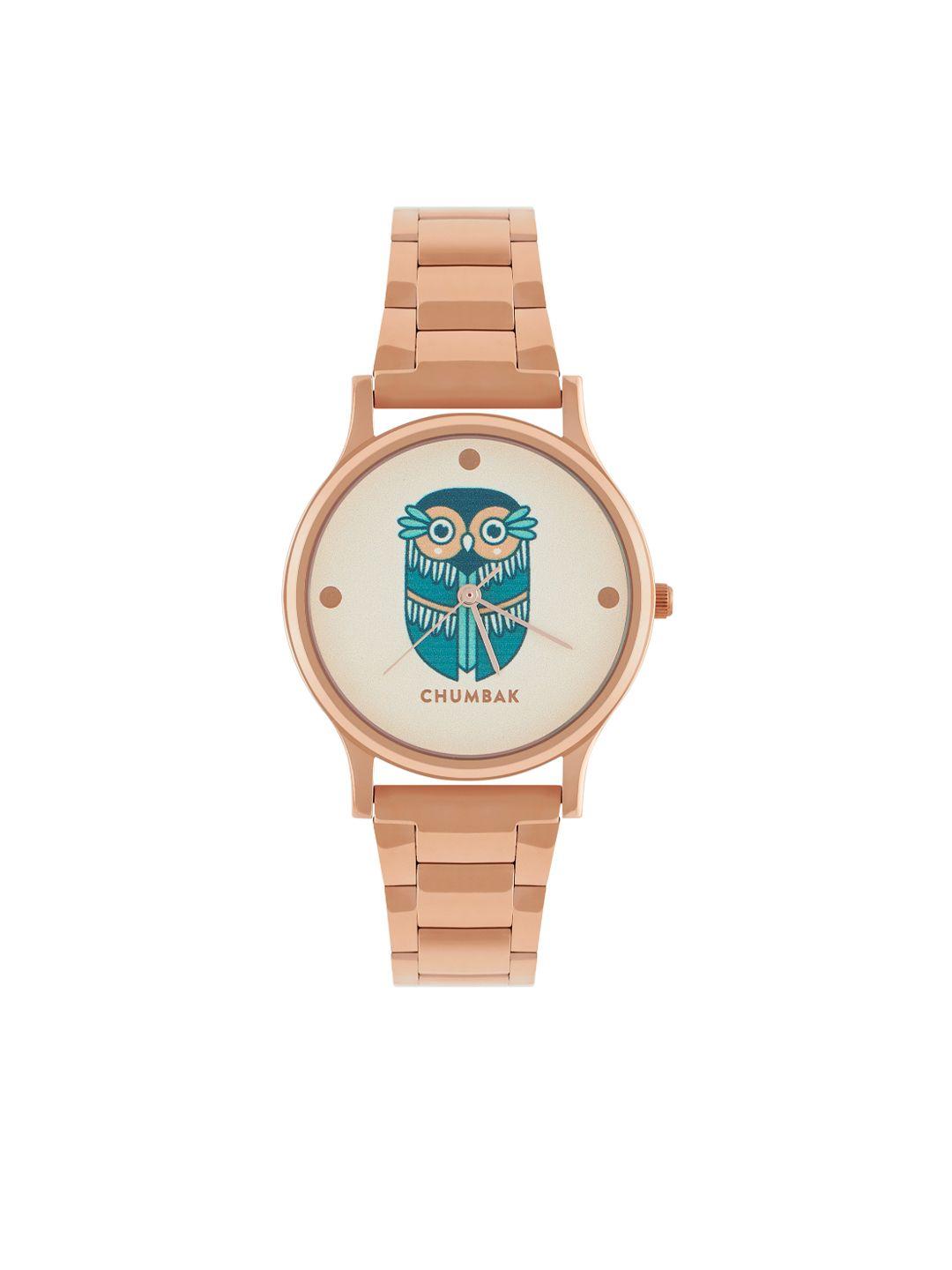 teal by chumbak white dial with vintage owl detail metal link strap analoge watch