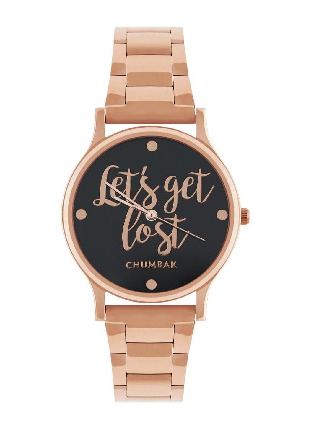 teal by chumbak women black brass printed dial & rose gold-plated bracelet style straps analogue watch