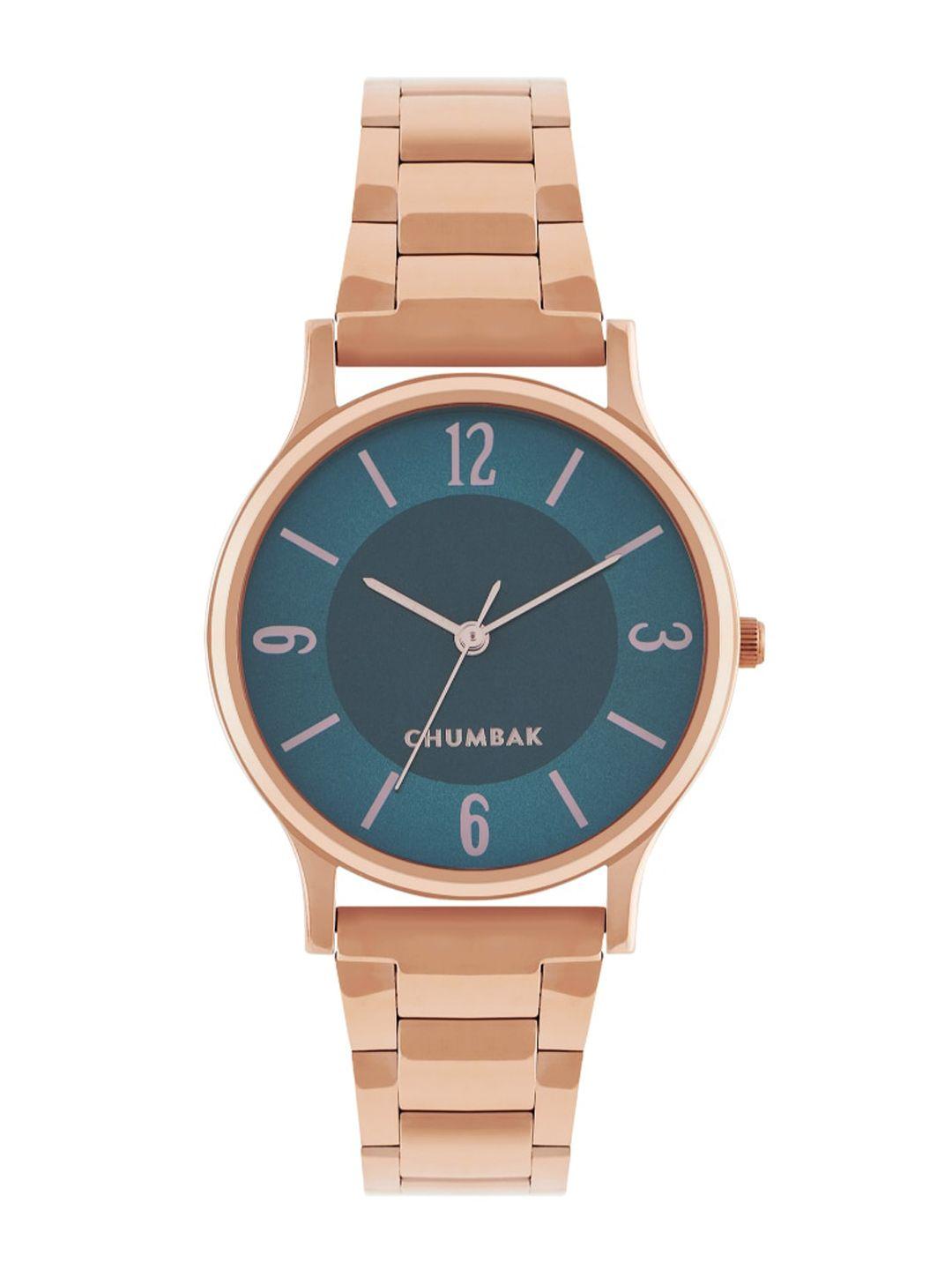 teal by chumbak women blue brass patterned dial & rose gold-plated analogue watch