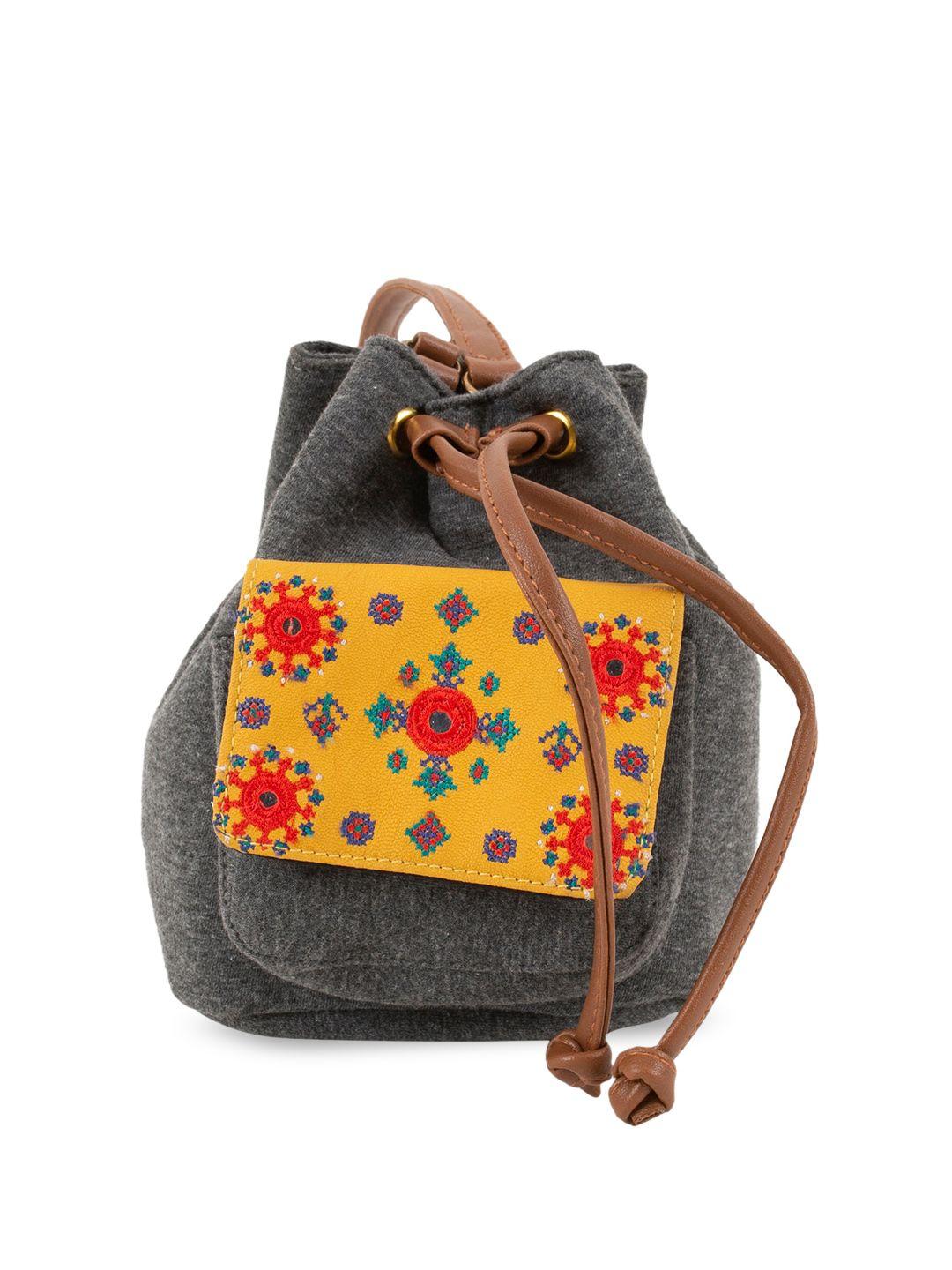 teal by chumbak women grey & yellow self design sling bag