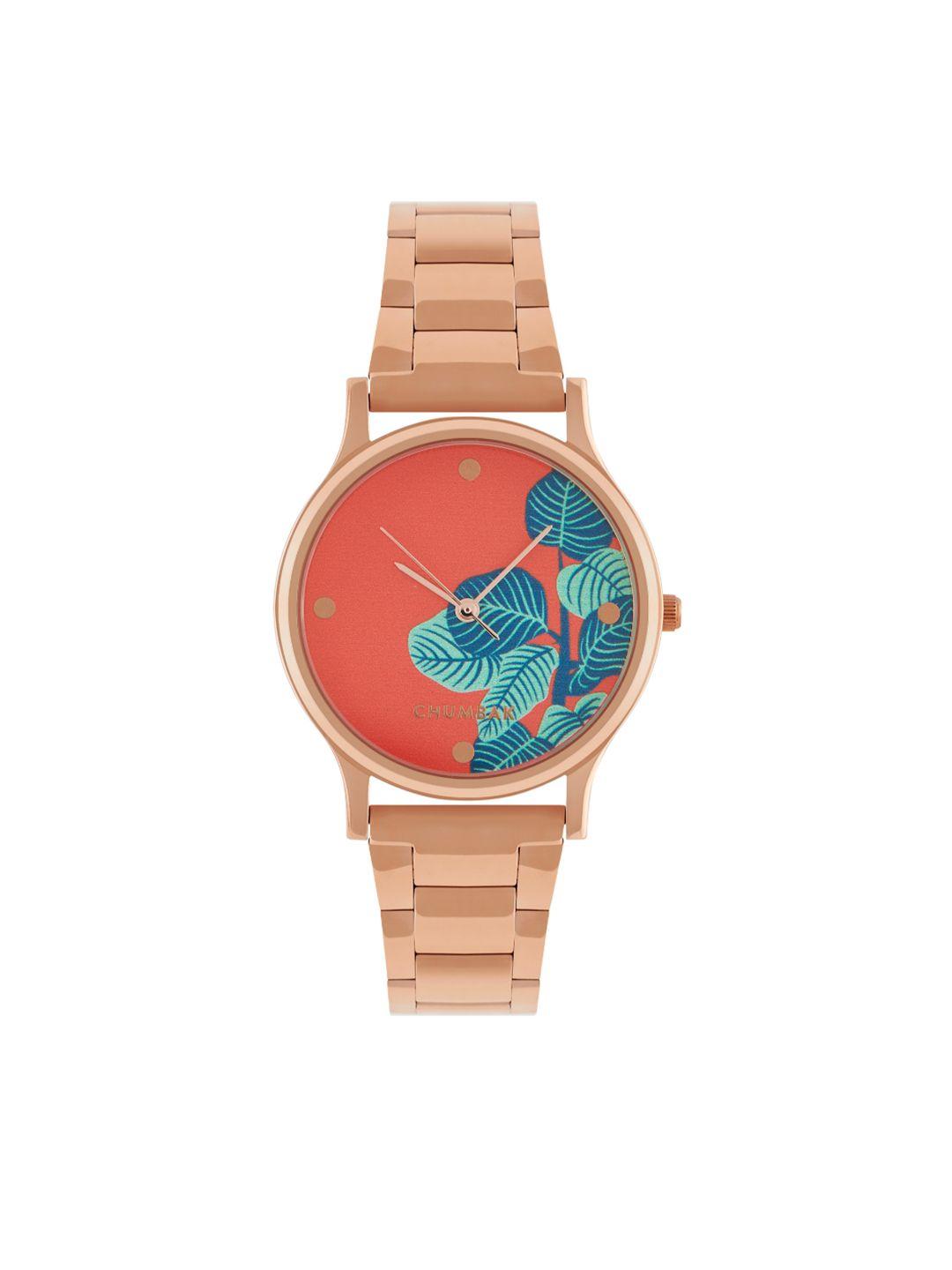 teal by chumbak women multicoloured brass printed dial & rose gold toned straps analogue watch