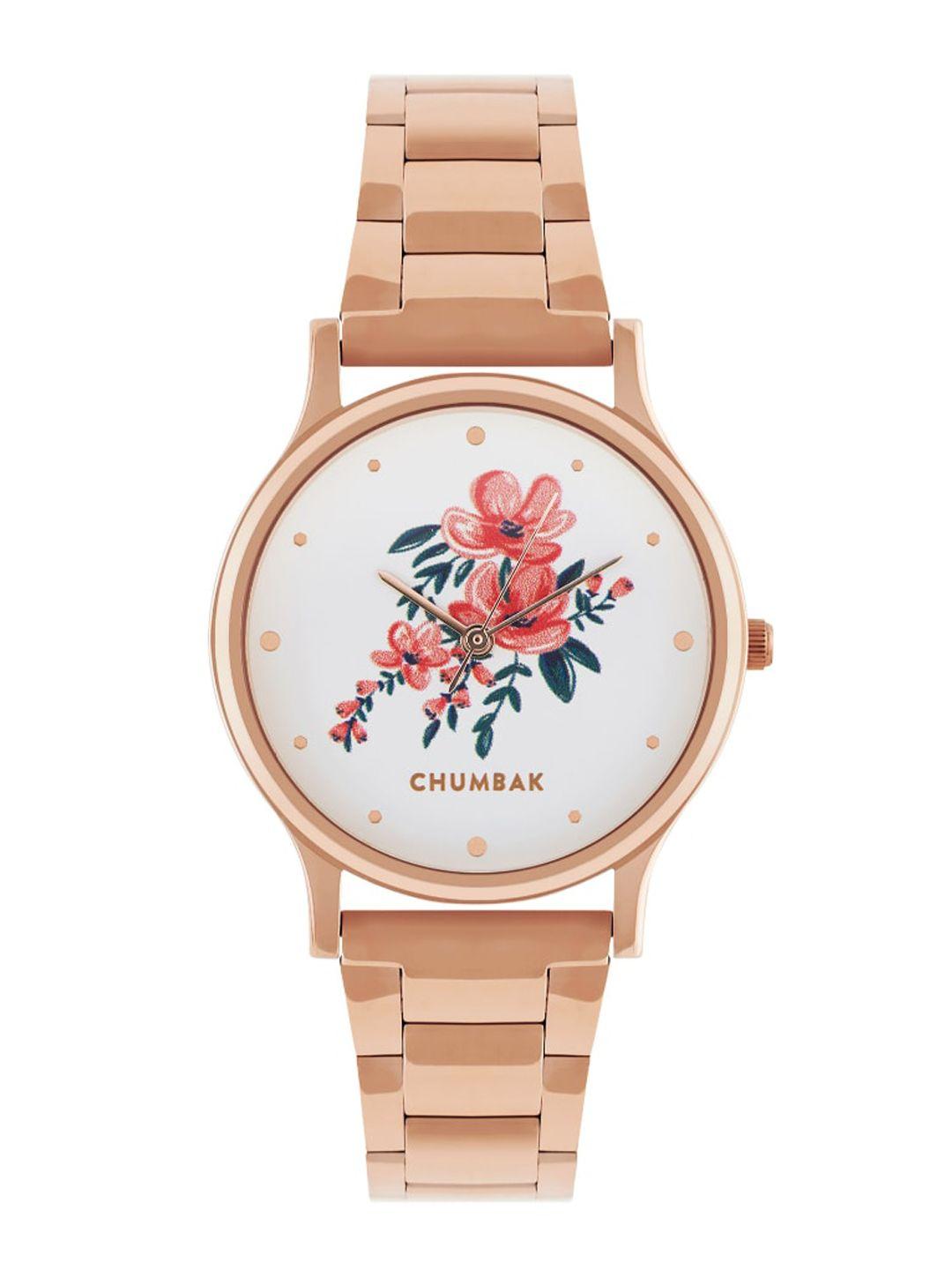 teal by chumbak women white printed dial & rose gold-plated bracelet style straps analogue watch