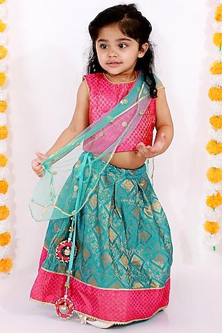teal embroidered pleated lehenga set for girls