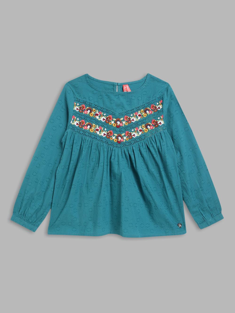 teal embroidered round neck top
