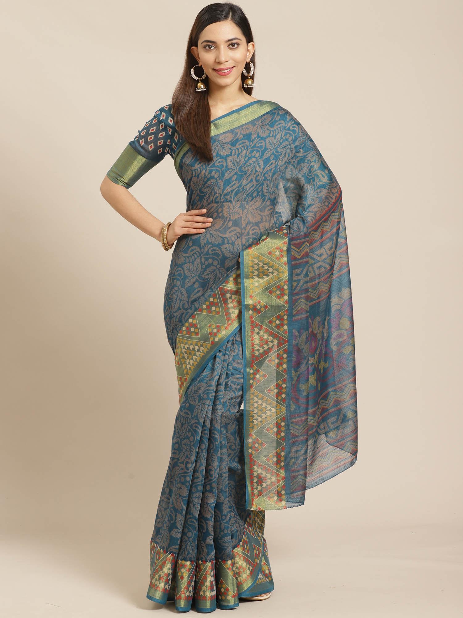 teal floral printed saree with unstitched blouse