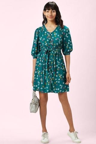 teal-floral-printed-v-neck-casual-thigh-length-elbow-sleeves-women-regular-fit-dress