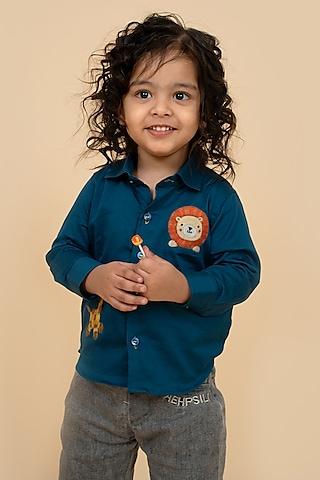 teal green cotton satin thread embroidered shirt for boys