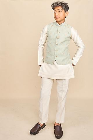 teal green handloom silk chanderi zari embroidered nehru jacket set for boys