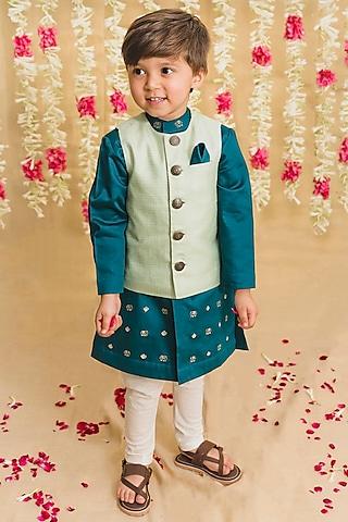 teal green kurta set with embroidered nehru jacket for boys
