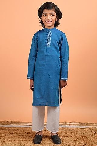 teal hand embroidered kurta set for boys