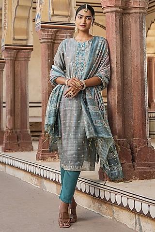 teal linen chanderi silk printed & sequins embellished kurta set