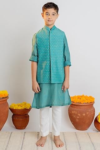 teal muslin printed nehru jacket set for boys