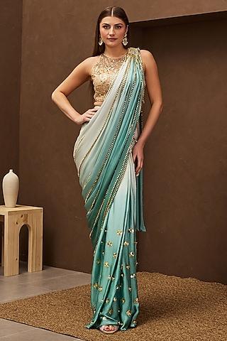 teal ombre georgette satin pre-stitched embroidered saree set