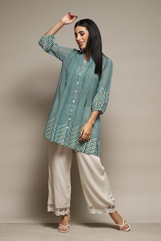 teal print casual 3/4th sleeves mandarin women straight fit tunic
