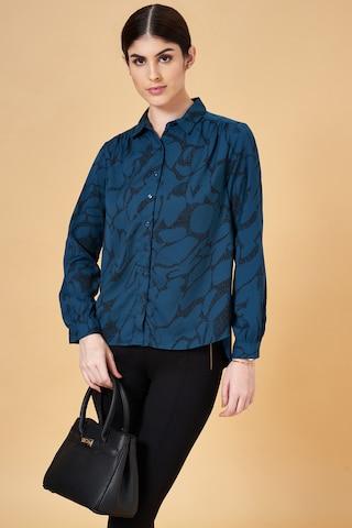 teal print formal full sleeves regular collar women comfort fit  top