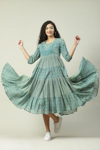teal print round neck ethnic 3/4th sleeves women flared fit dress