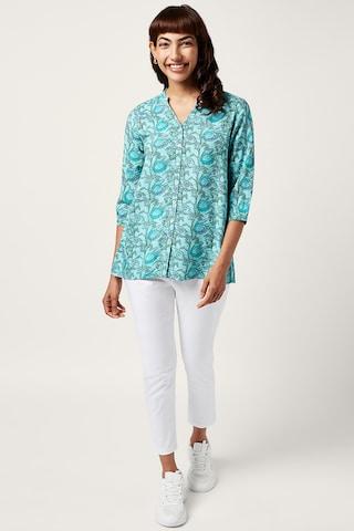 teal printed casual 3/4th sleeves v neck women regular fit tunic