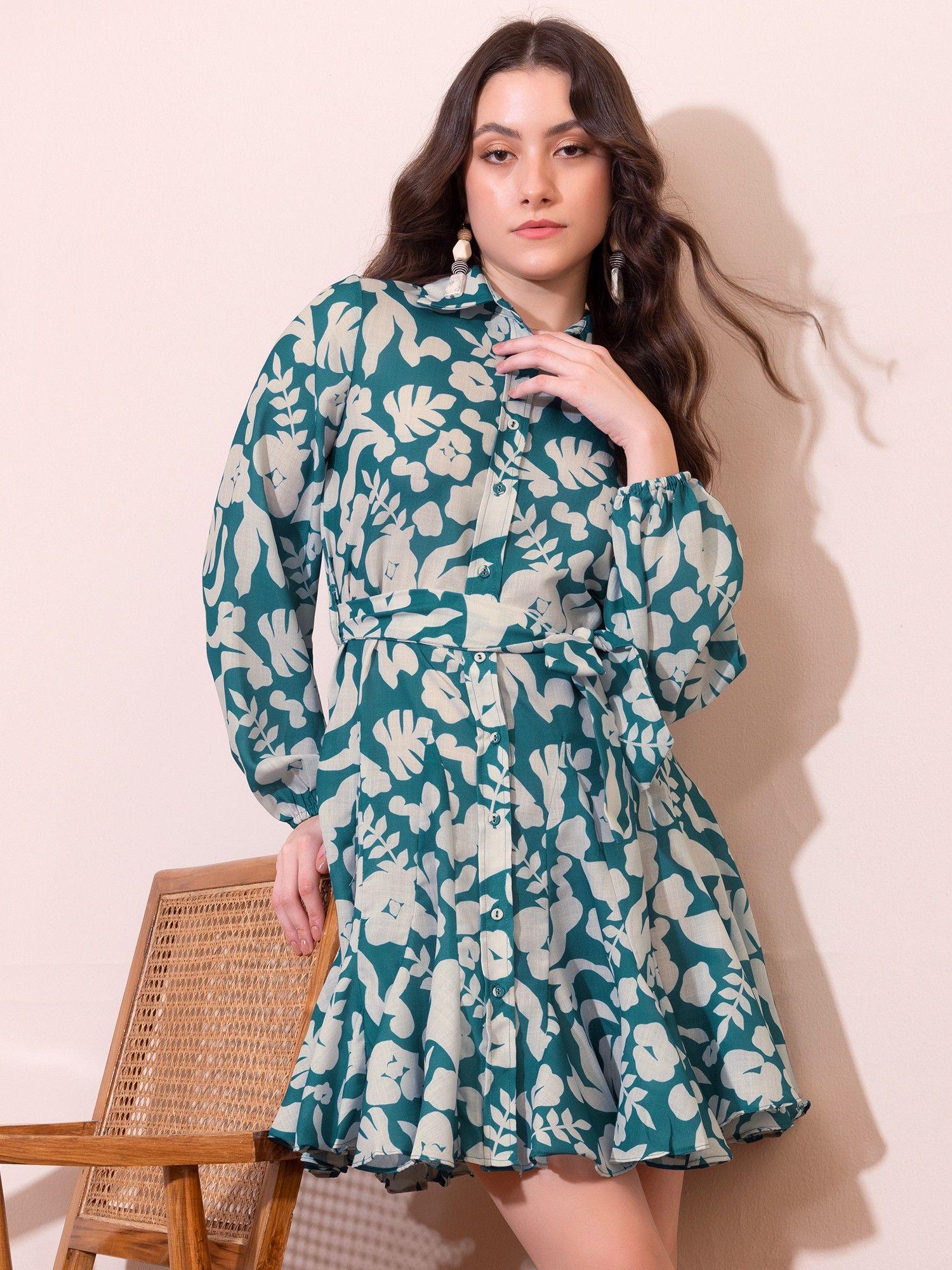 teal-printed-collared-dress-with-belt-(set-of-2)