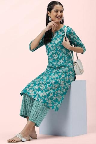 teal printed ethnic round neck 3/4th sleeves knee length women regular fit kurta pant dupatta set