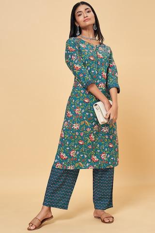 teal printed ethnic round neck 3/4th sleeves knee length women regular fit kurta pant set