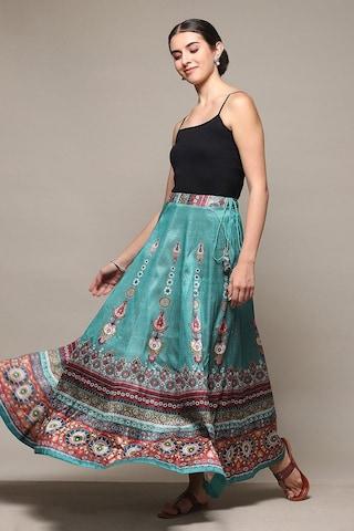 teal printed full length ethnic women flared fit skirt
