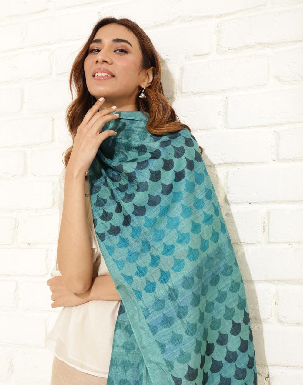teal silk hand block printed stole
