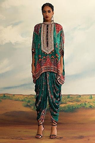 teal silk printed & embroidered tunic