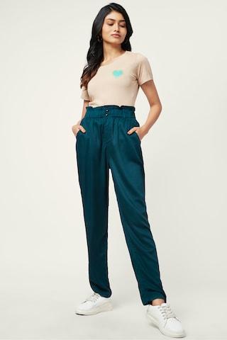 teal solid ankle-length casual women comfort fit trouser