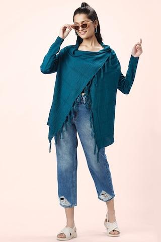 teal solid casual full sleeves round neck women regular fit jacket