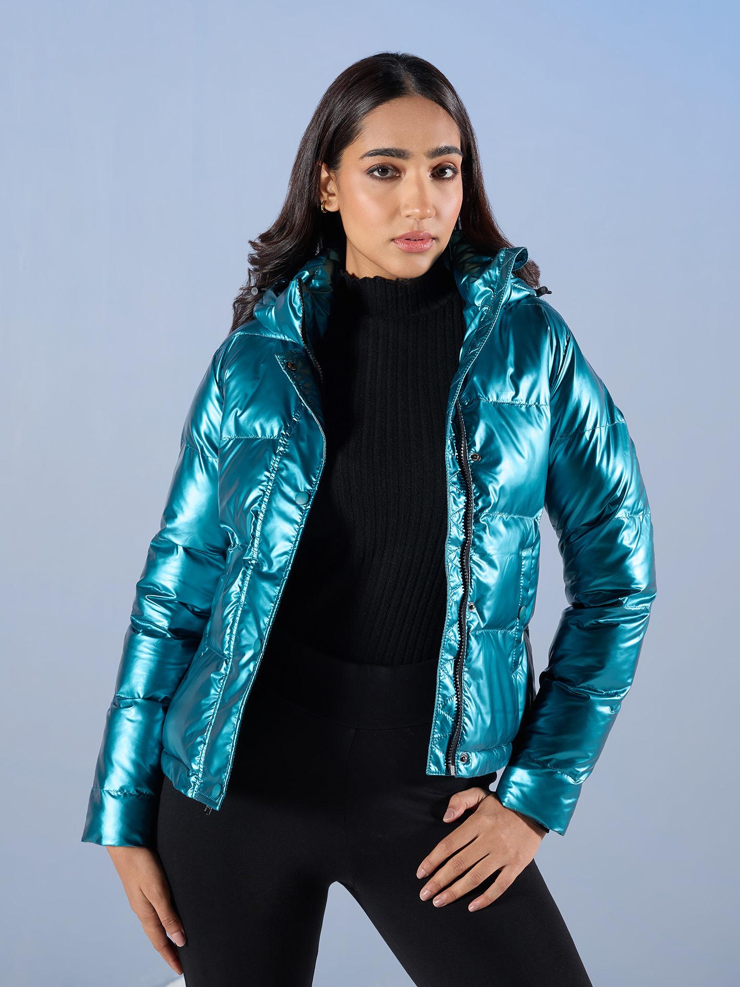 teal solid high neck hooded puffer jacket