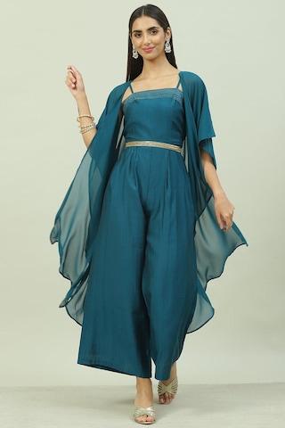 teal solid spaghetti casual ankle-length sleeveless women straight fit jumpsuit