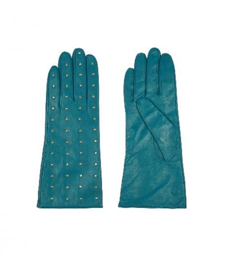 teal studded leather gloves