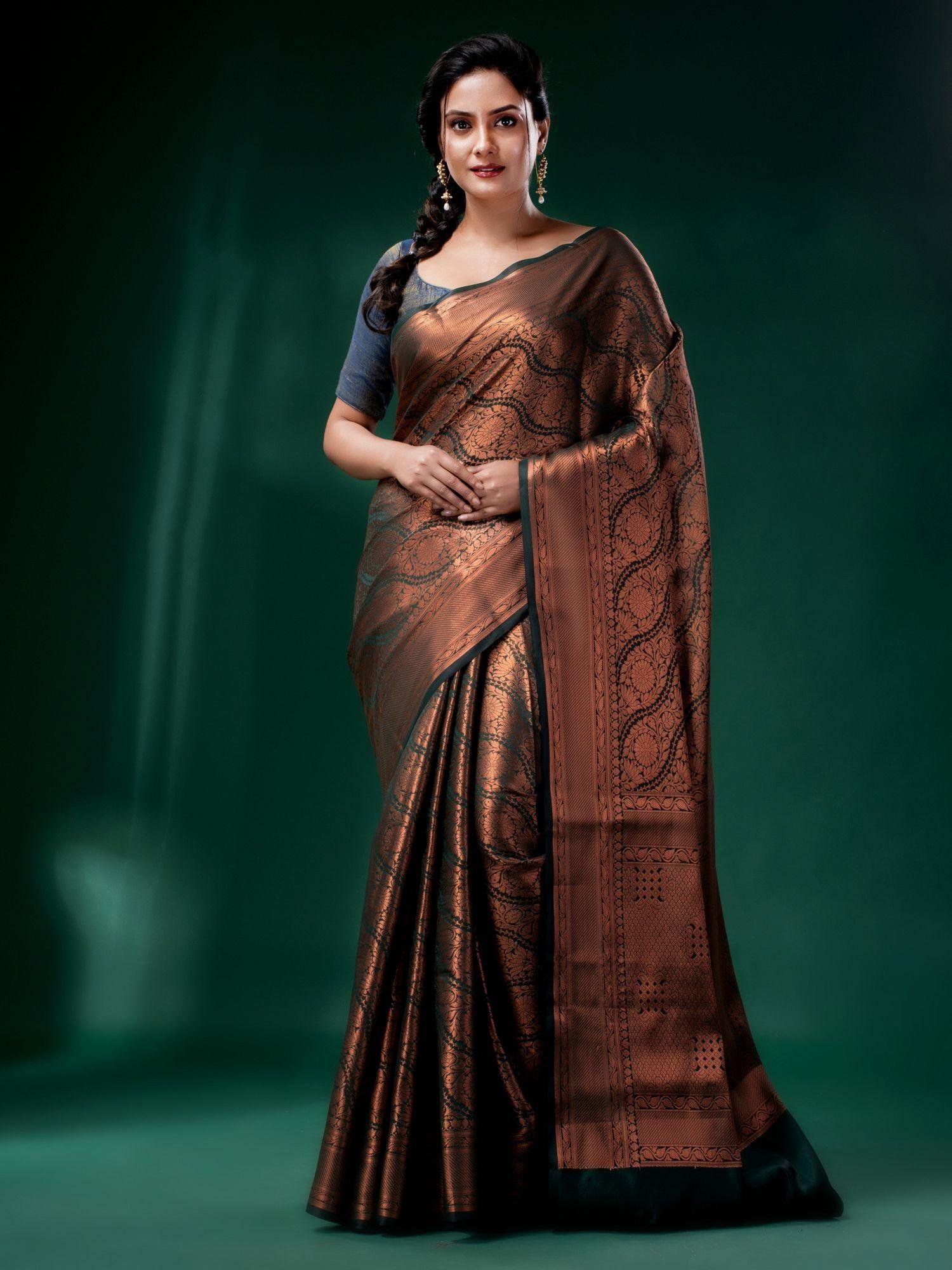 teal & copper blended silk brocade handwoven soft saree with unstitched blouse