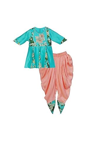 teal & peach printed dhoti set for girls